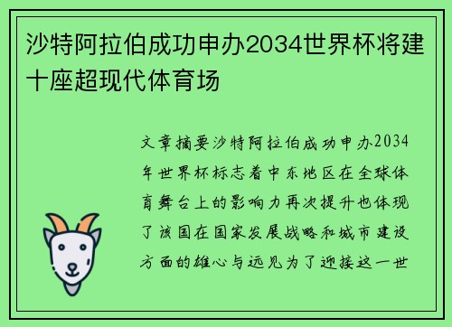 沙特阿拉伯成功申办2034世界杯将建十座超现代体育场