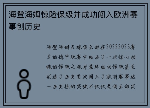 海登海姆惊险保级并成功闯入欧洲赛事创历史